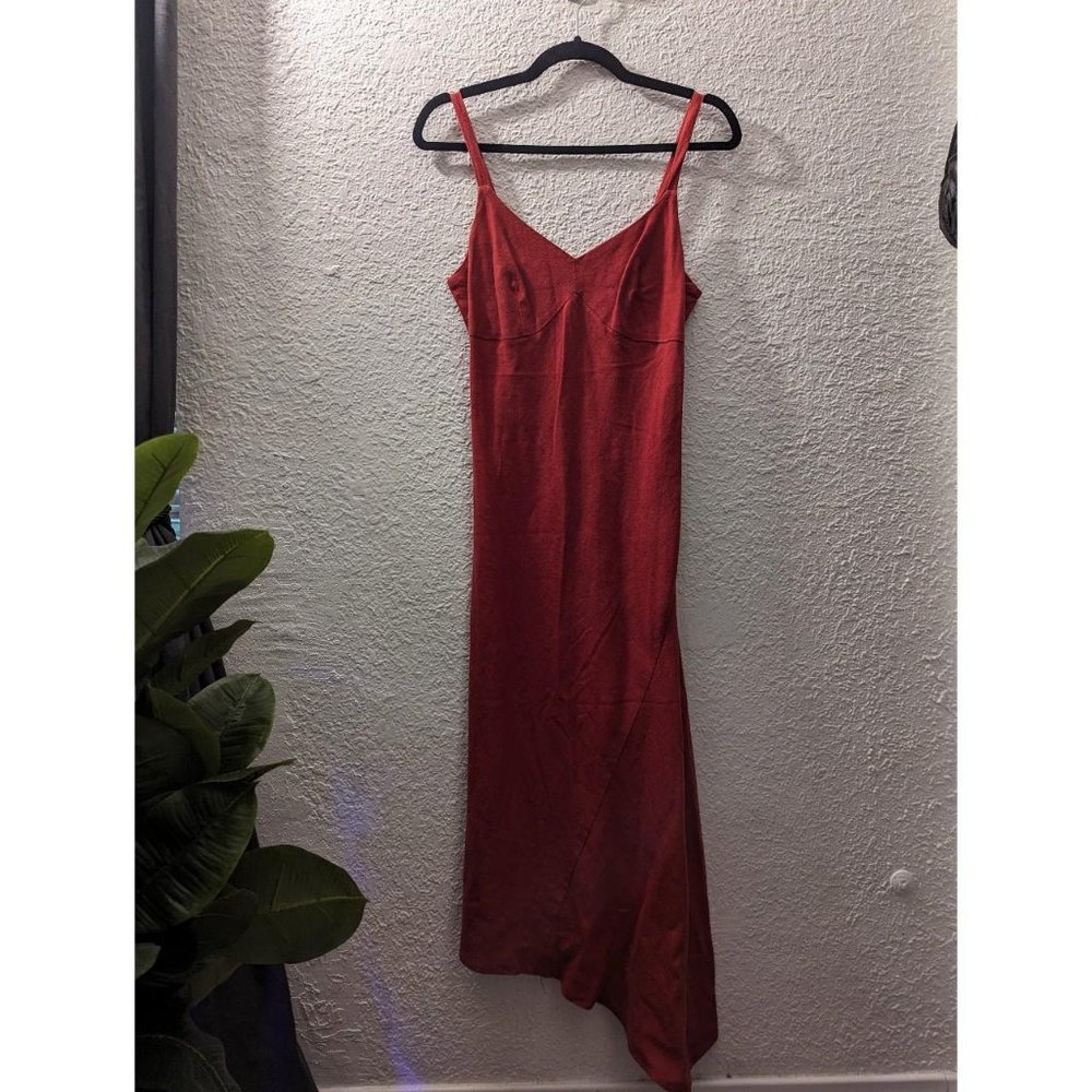 Rust vneck linen asymmetrical maxi dress